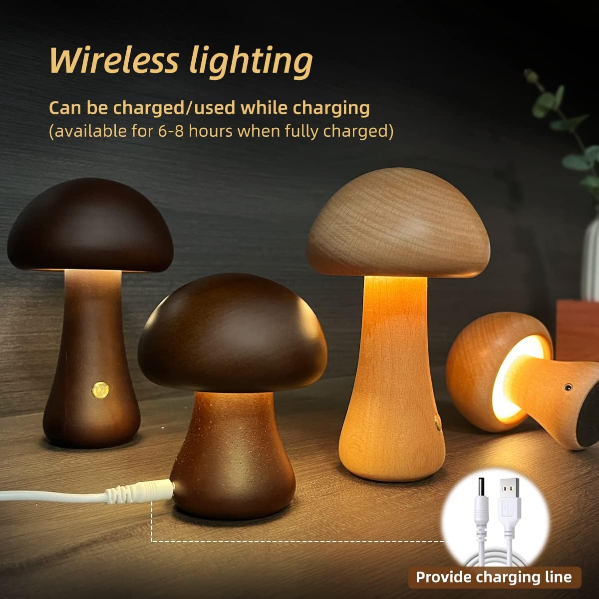 Wooden Mushroom Night Light With Touch