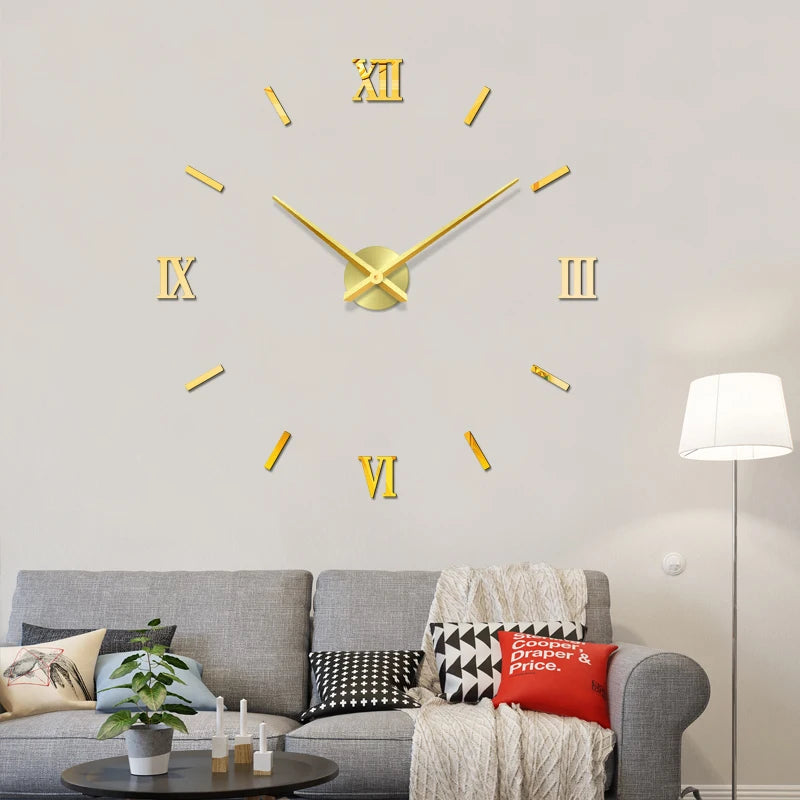 48" Rome Digital Number Wall Clock 3D Modern DIY Interior Roman Wall Clock 3D Mirror DIY Decor Wall Stickers Black/Gold/Silver