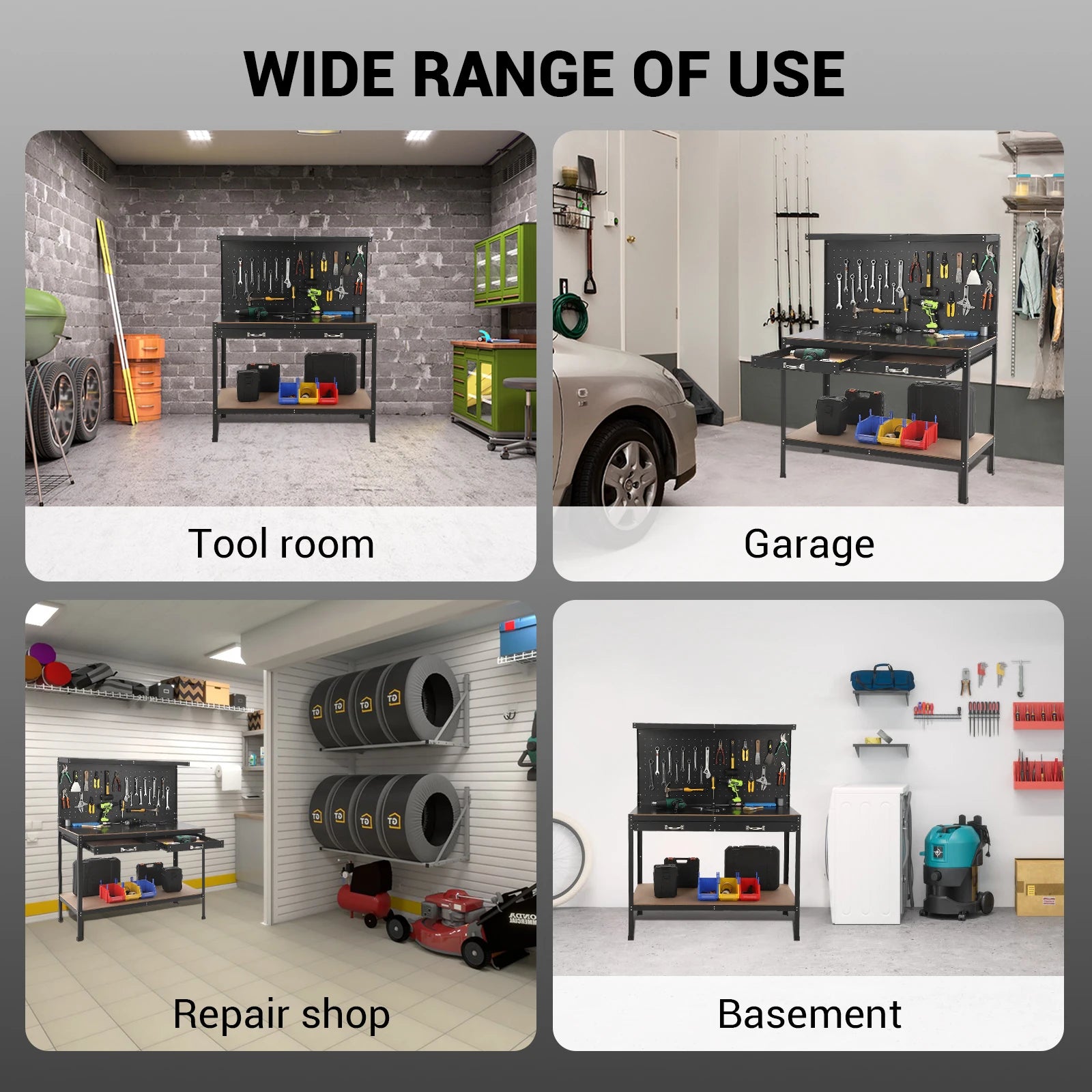 61 Inch Workbench with Pegboard, Workbench Tool Storage Workshop Table with Drawers and Pegboard, 420lbs Weight Capacity