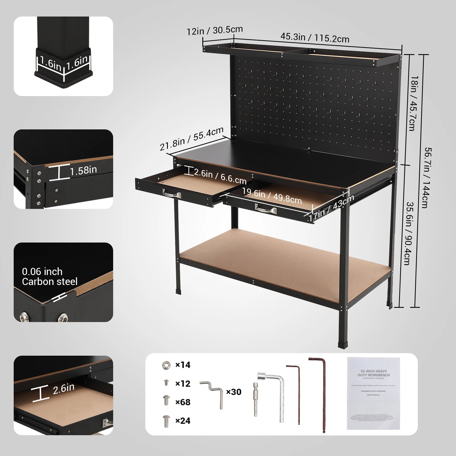 61 Inch Workbench with Pegboard, Workbench Tool Storage Workshop Table with Drawers and Pegboard, 420lbs Weight Capacity