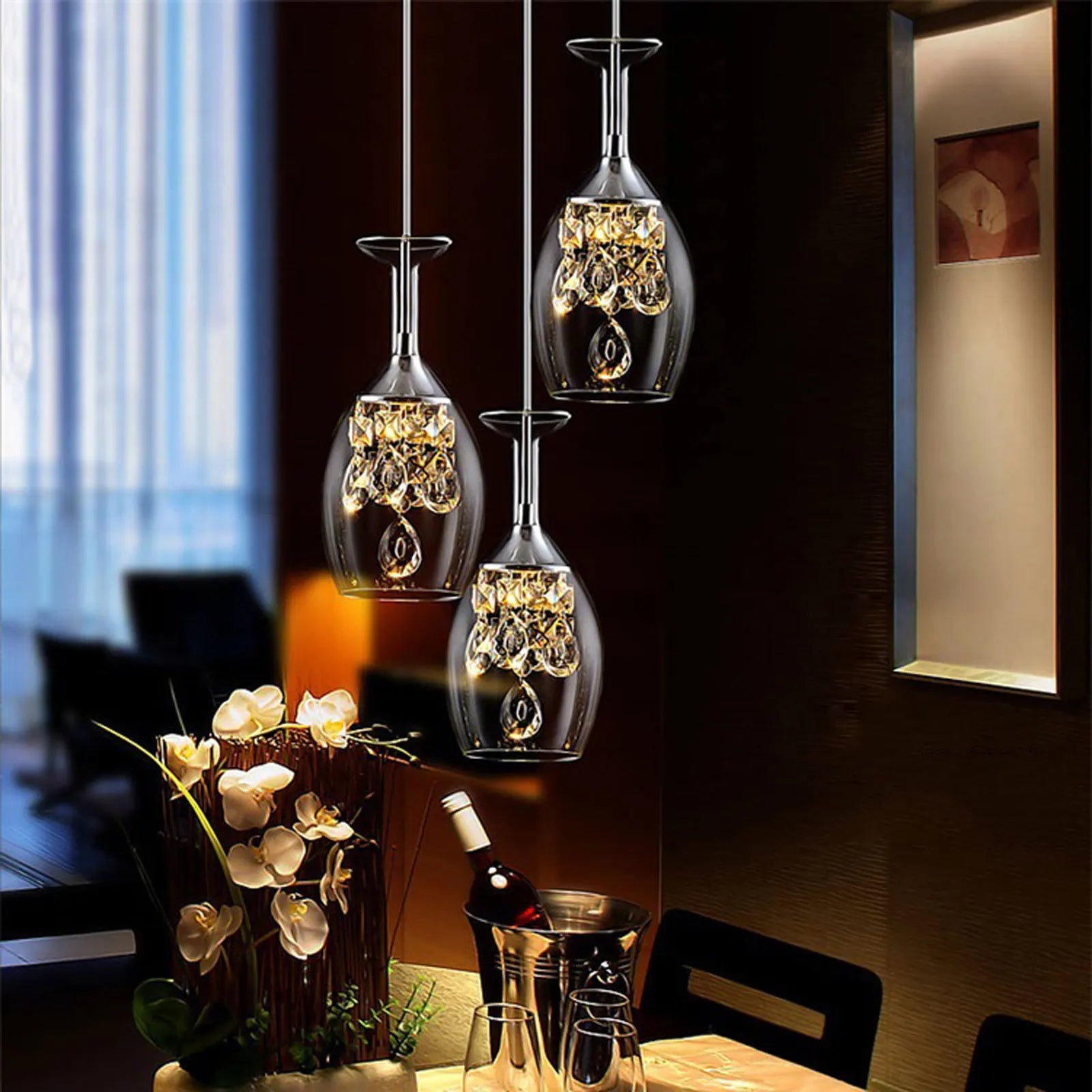 Modern Crystal Wine Glasses Chandelier, Led Crystal Wine Glass Pendant Light, Adjustable Pendant