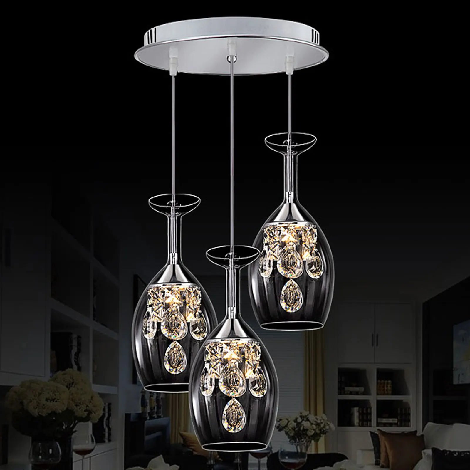 Modern Crystal Wine Glasses Chandelier, Led Crystal Wine Glass Pendant Light, Adjustable Pendant